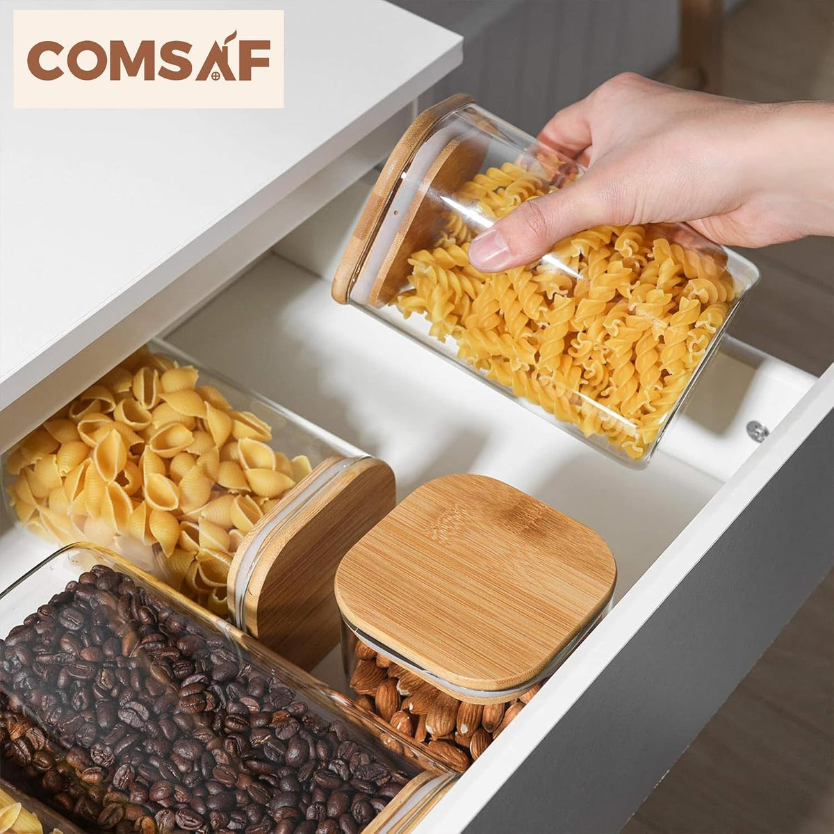 ComSaf Glass Pantry Storage Containers (0.7Qt/1.2Qt/1.6Qt) Set of 6, Square