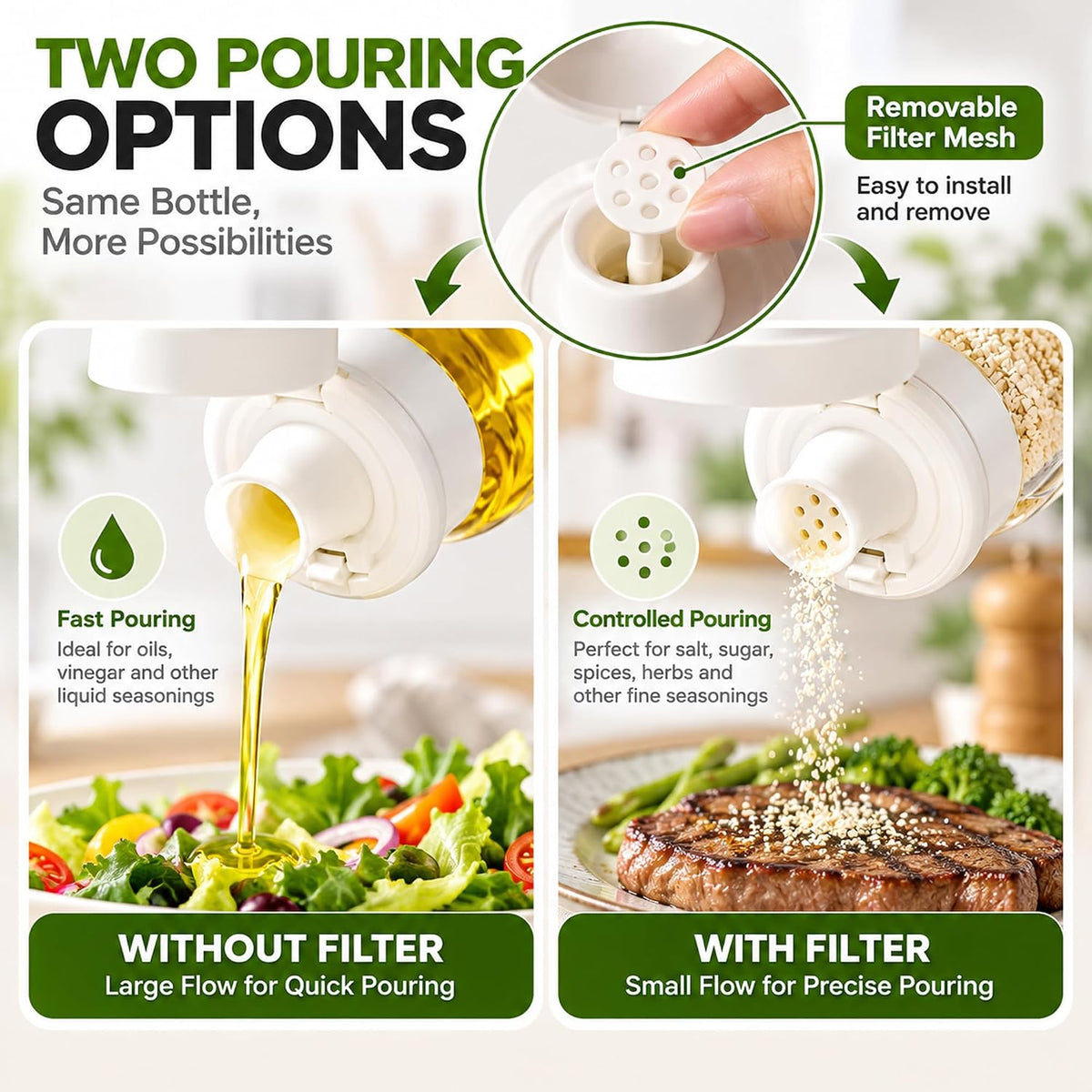 2 Pack Glass Olive Oil Dispenser, Removable Filter, 16.9 Oz