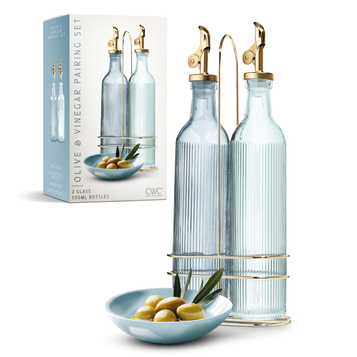 COOK WITH COLOR Glass Olive Oil Bottle Dispenser - 2 Pack- 17oz Oil and Vinegar Cruet - Olive Oil Carafe Decanter for Kitchen, Fluted, Brown