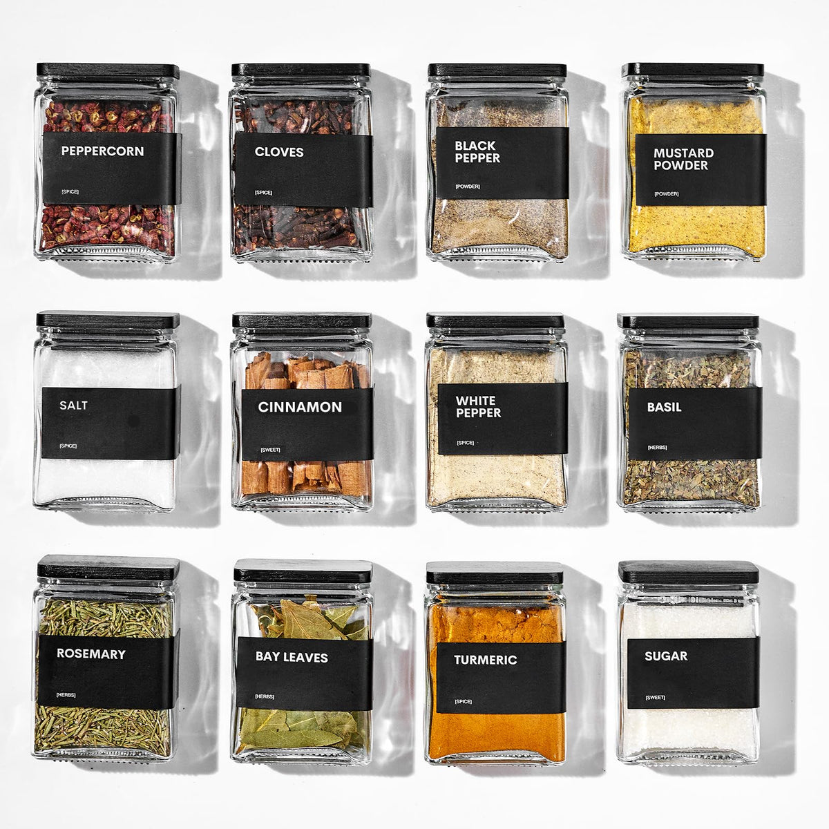 Glass Spice Jars with Bamboo Lid, 4oz Square Spice Containers for Pantry Organization, Seasoning Bottles with Labels, Spoons, Funnel for Salt Sugar