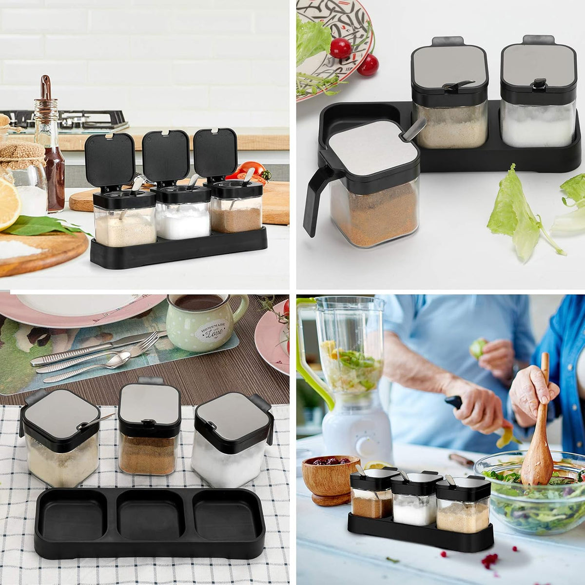 Mlici 3 Pack Condiment Jars, Spice Containers with Lids and Spoons, Black