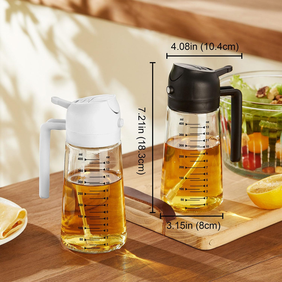 TrendPlain 16oz/470ml Glass Olive Oil Sprayer for Cooking – 2 in 1 Olive Oil Dispenser Bottle for Kitchen Gadgets and Air Fryer Accessories, Salad, BBQ - Black & Green
