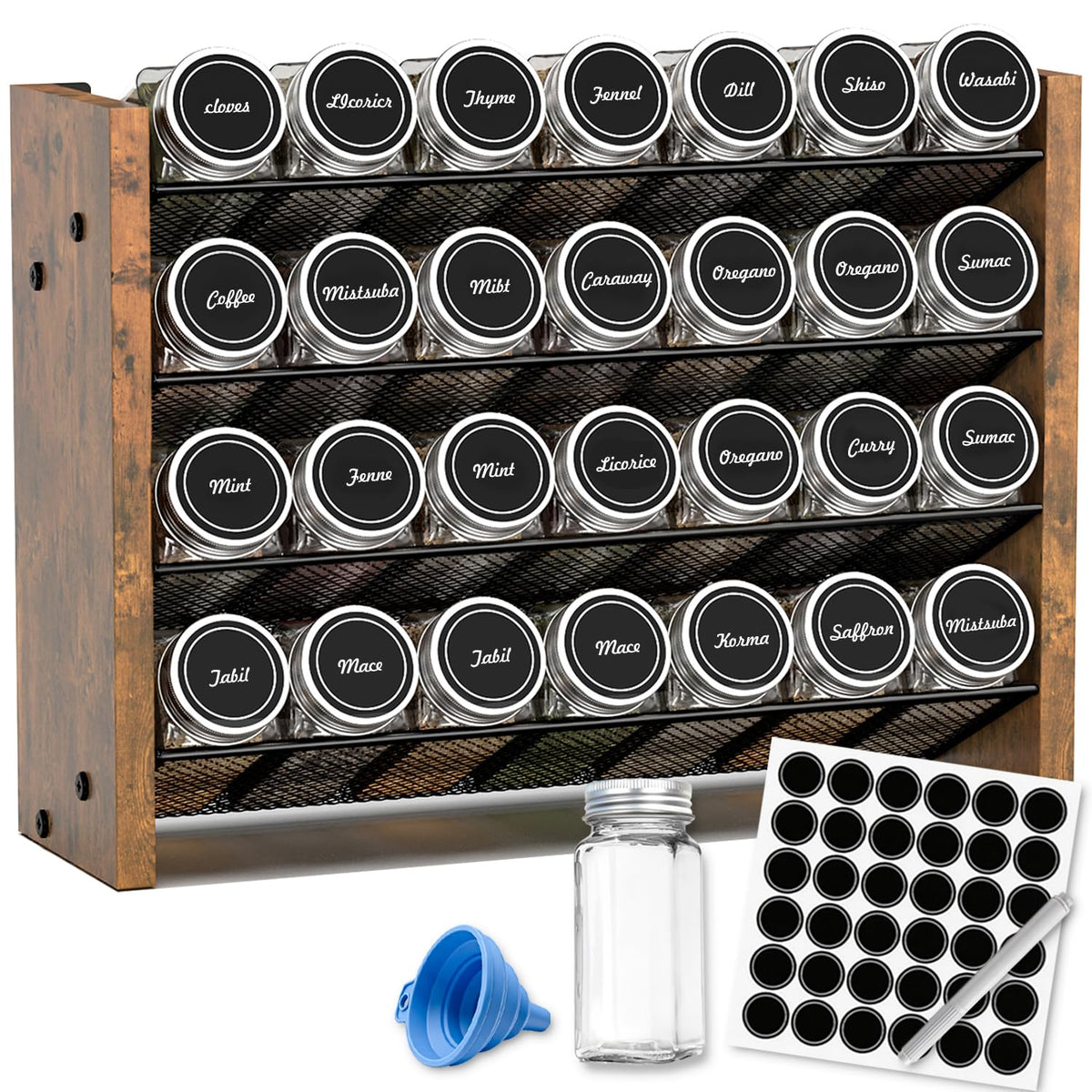 Spice Rack Organizer with 28 Glass Jars, for Cabinet Wall Mount Countertop