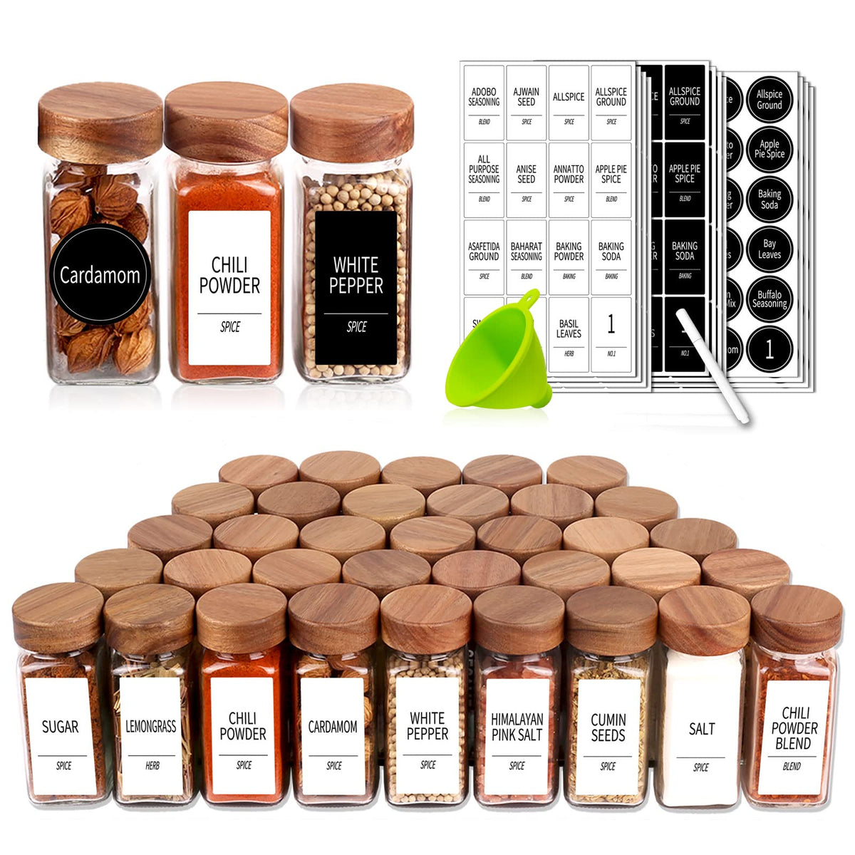 Churboro Glass Spice Jars with Labels, 24 Pack 4 oz, Acacia Wood Lids