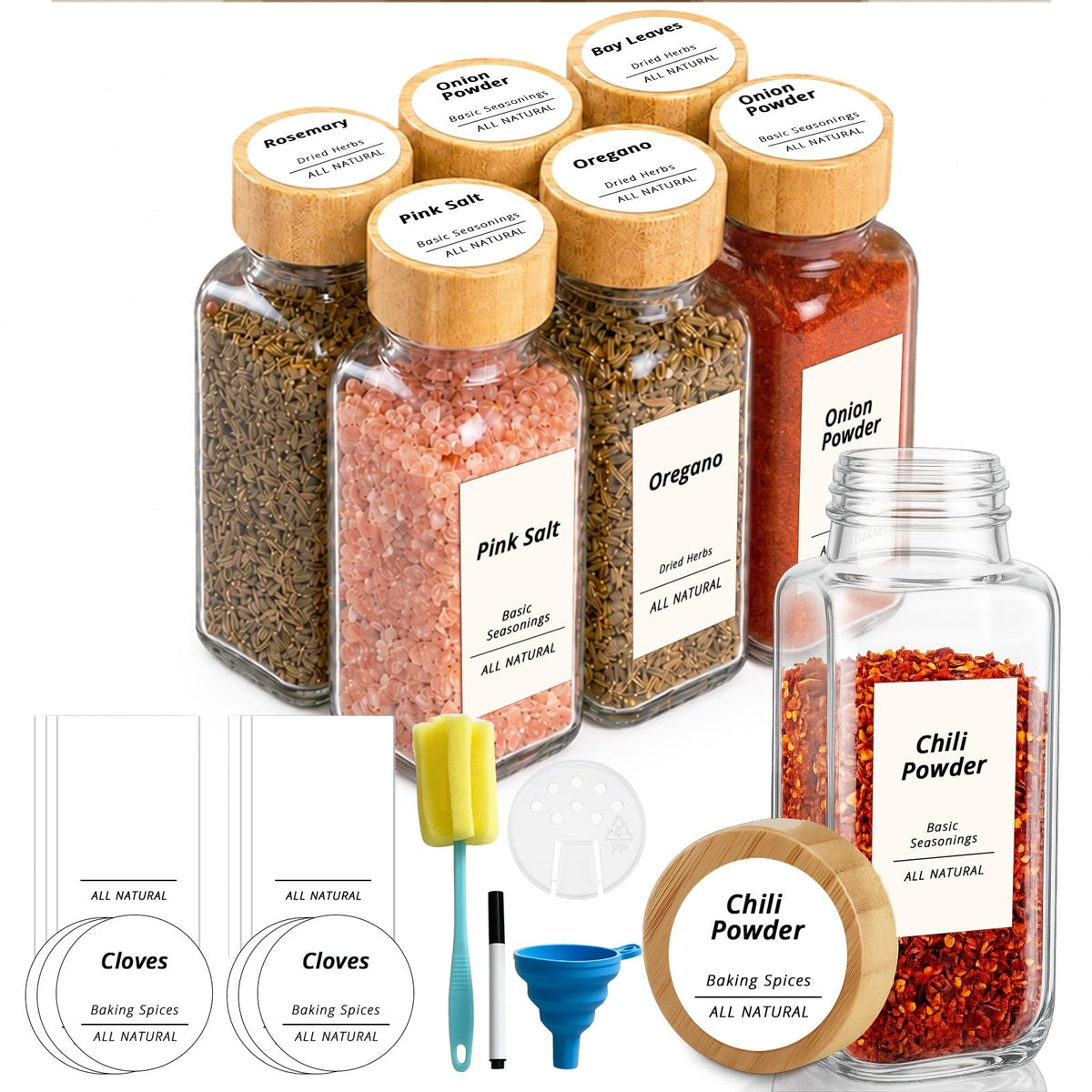 SHOWIN Spice Jars with Label, 4oz Spice Containers with Bamboo Lids 12pcs, Glass Spice Jars with Lids, Square Seasoning Containers for Rack, Cabinet, Drawer, Home Kitchen Seasoning Organizer