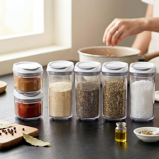 Felli Shake N Stor Spice Jars with Shaker Lid + Dispensing Spout + Leveler ALL IN ONE Storage Mini Container Kitchen Pantry Cabinet Organizer Seasoning Salt and Pepper Holder(0.4qt, 4PC Set)