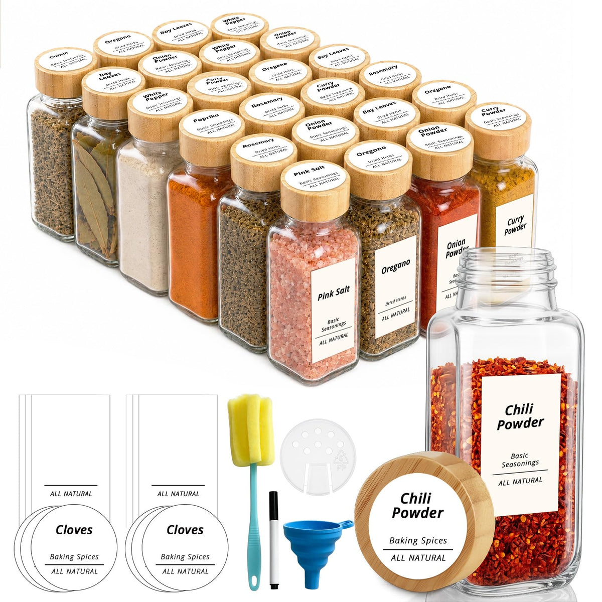 SHOWIN Spice Jars with Label, 4oz Spice Containers with Bamboo Lids 12pcs, Glass Spice Jars with Lids, Square Seasoning Containers for Rack, Cabinet, Drawer, Home Kitchen Seasoning Organizer