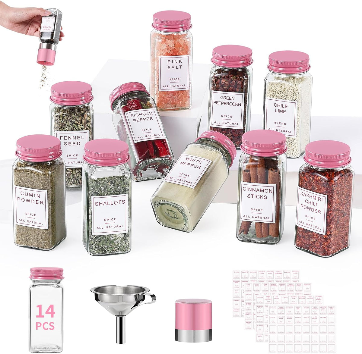 14pcs Glass Spice Jars with Labels, 4oz Seasoning Containers with Metal Lid