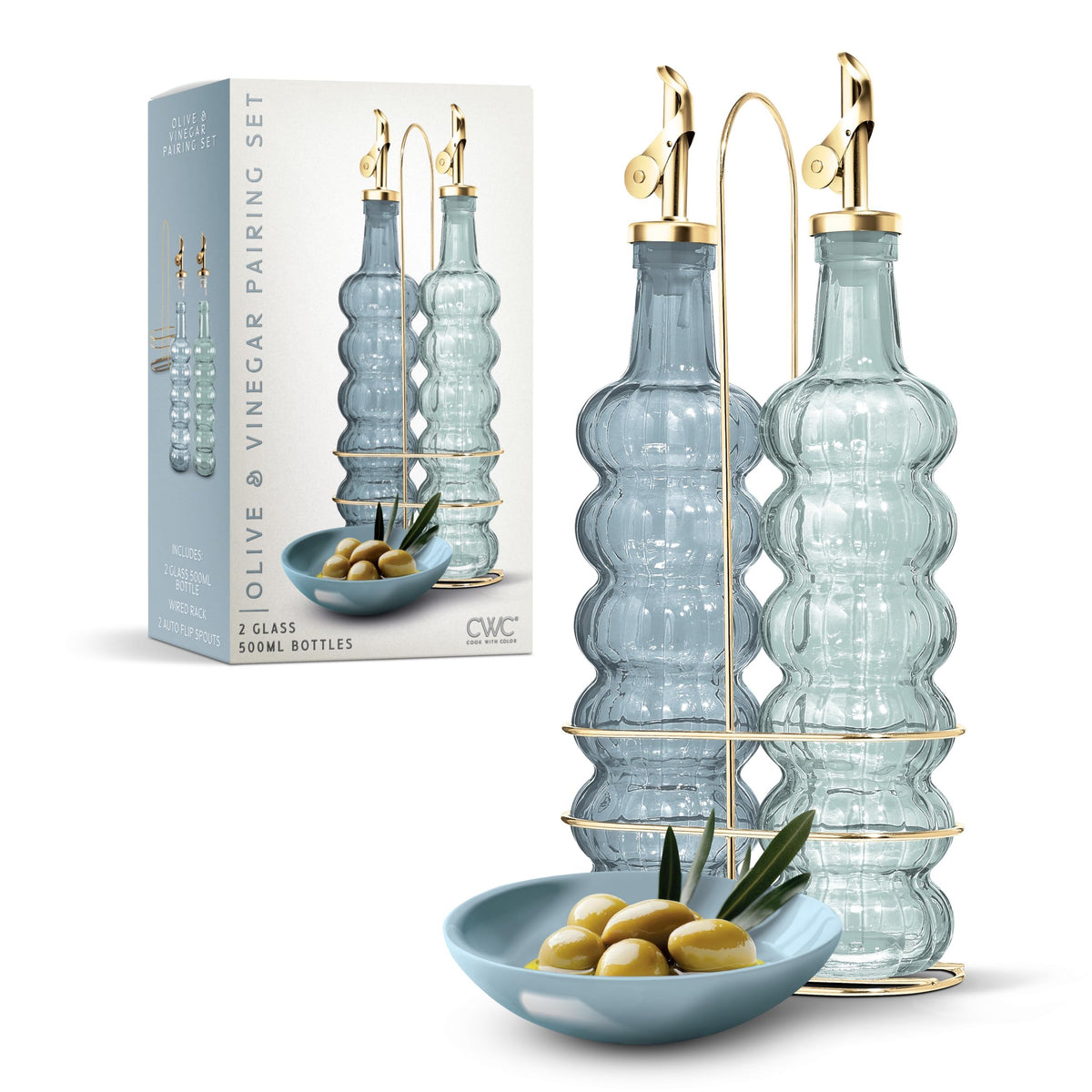 COOK WITH COLOR Glass Olive Oil Bottle Dispenser - 2 Pack- 17oz Oil and Vinegar Cruet - Olive Oil Carafe Decanter for Kitchen, Fluted, Brown