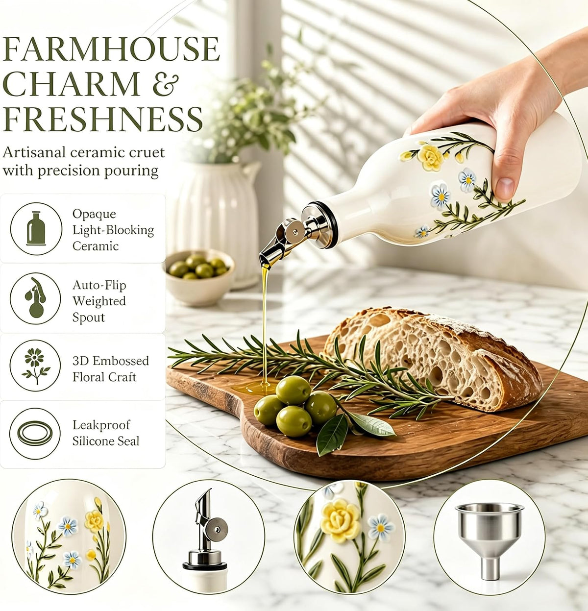 Ceramic Olive Oil Dispenser Bottle, 18 OZ(Flower)