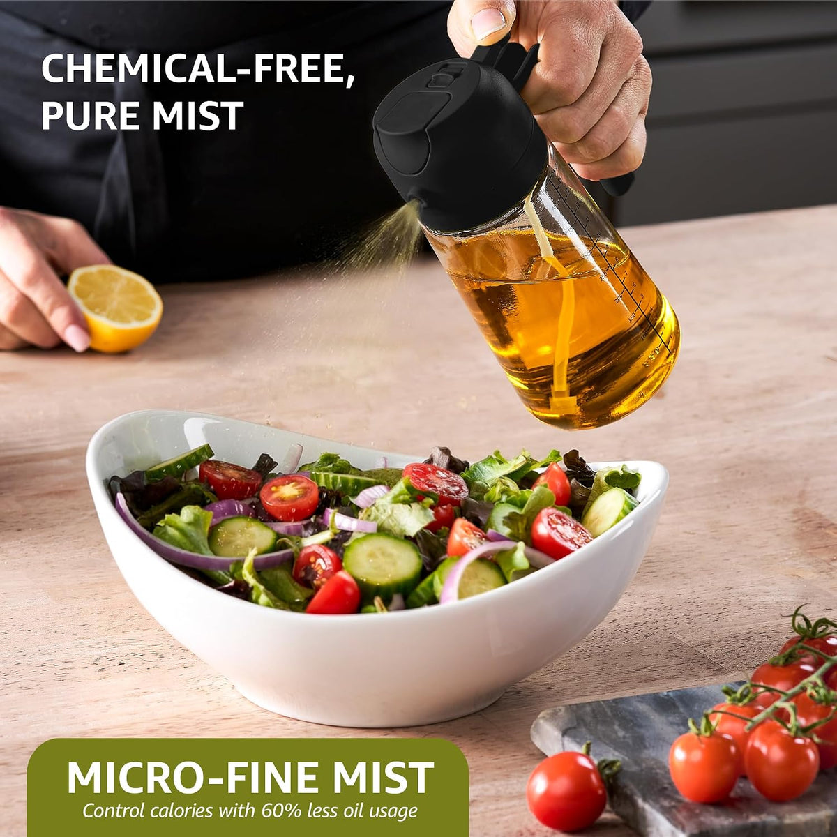 FineDine 16 oz Glass Olive Oil Sprayer for Cooking, Oil Dispenser, Black