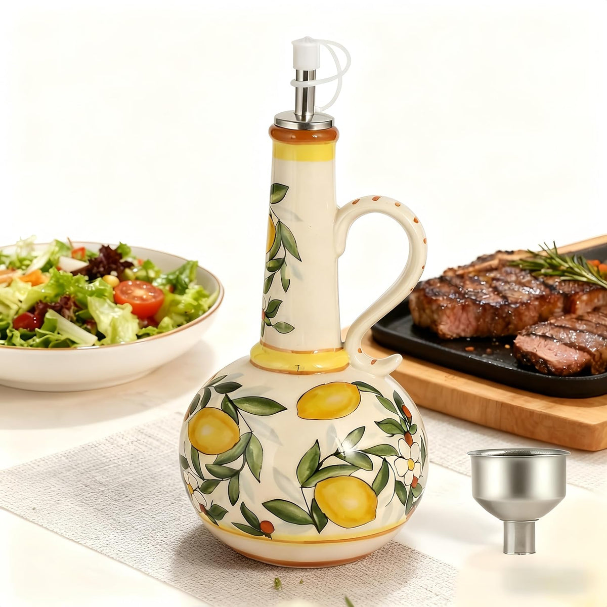 Ceramic Olive Oil Dispenser Bottle 23oz, Hand Painted Olive Oil Bottles, Decorative Stoneware Olive Oil Cruet for Kitchen with Stainless Steel Spout for Oils, Sauces, Vinegar (Llemon)