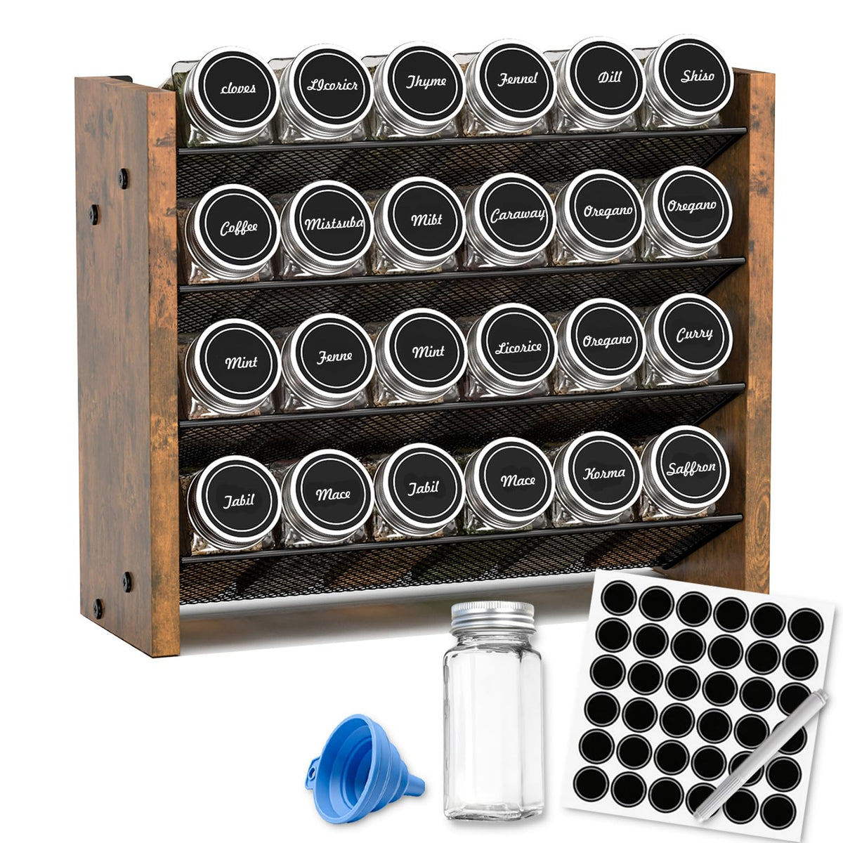 Spice Rack Organizer with 28 Glass Jars, for Cabinet Wall Mount Countertop