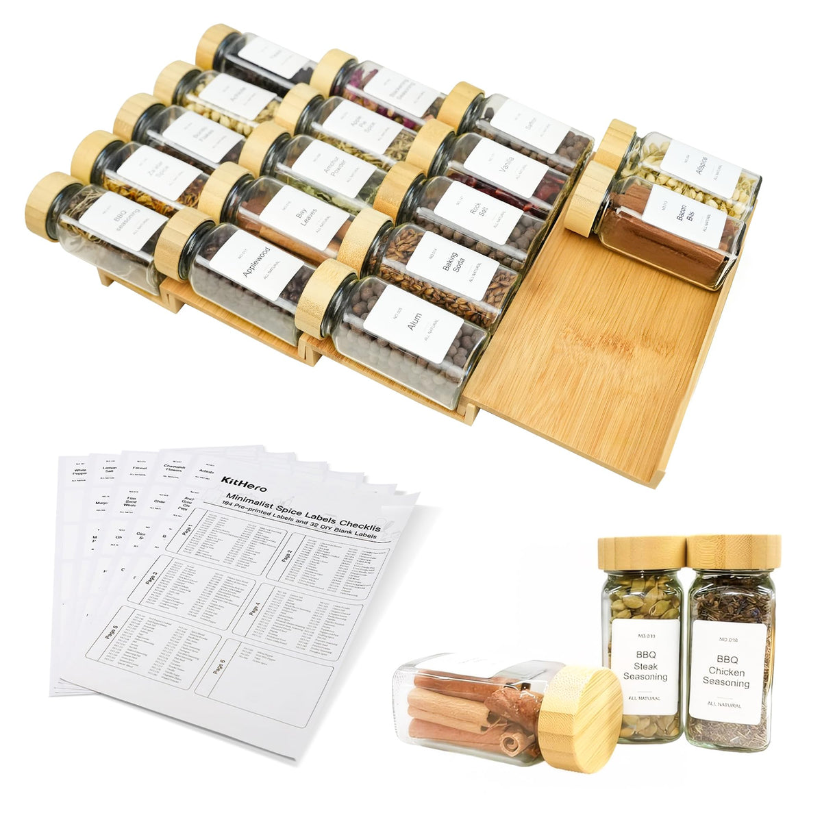 Spice Drawer Organizer with 28 Spice Jars and 216 Labels,Non-slip Rubber, Bamboo 4 Tier Spice Racks Tray Seasoning Containers for Kitchen Drawers,Cabinets,Countertops,13" Wide * 15.8" Deep