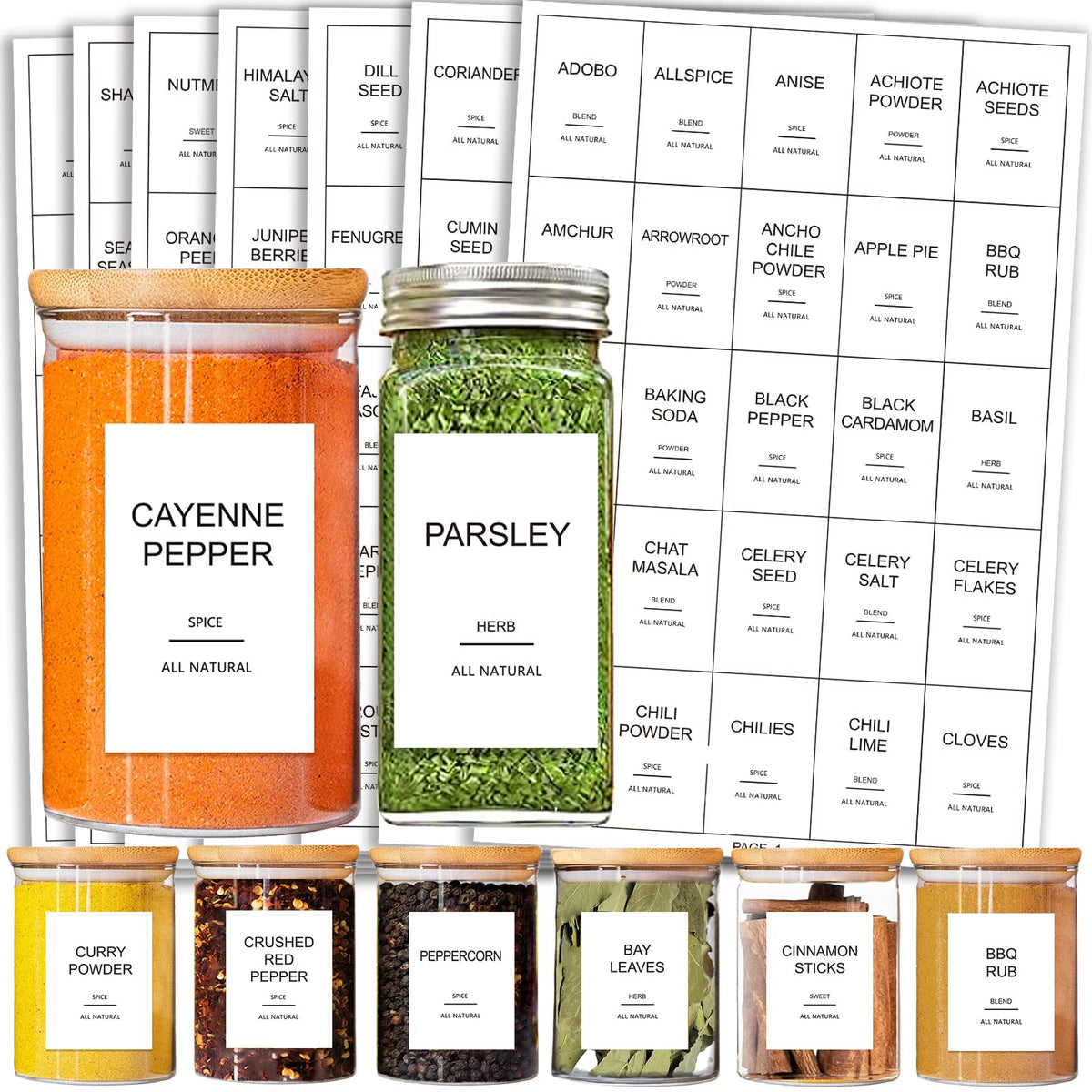 GPOVVIMX 12 Pcs Glass Spice Jars with Bamboo Airtight Lids and 191 Labels - 8.5oz Small Food Storage Containers for Kitchen, Seasoning, Coffee, Herb - Spoon and Marker Included