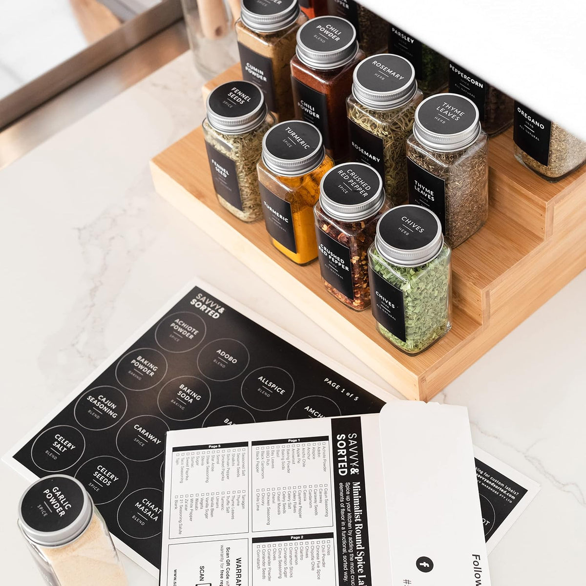 Spice Labels for Glass Jars, 202 Round Preprinted Waterproof Kitchen Spice Labels Stickers, Seasoning Organization Black Pantry Herbs Label for Top Lid, Chalkboard Labels for Spice Jars