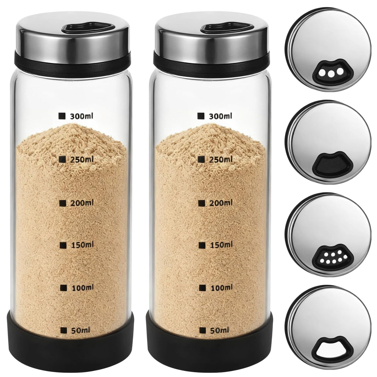 4 Pcs Salt and Pepper Shakers, 350ml Glass Spice Bottles with Adjustable Pour Holes, Spice Dispensers with Non-Slip Silicone Bases, Seasoning Jars with Rotating Steel Lids for Kitchen