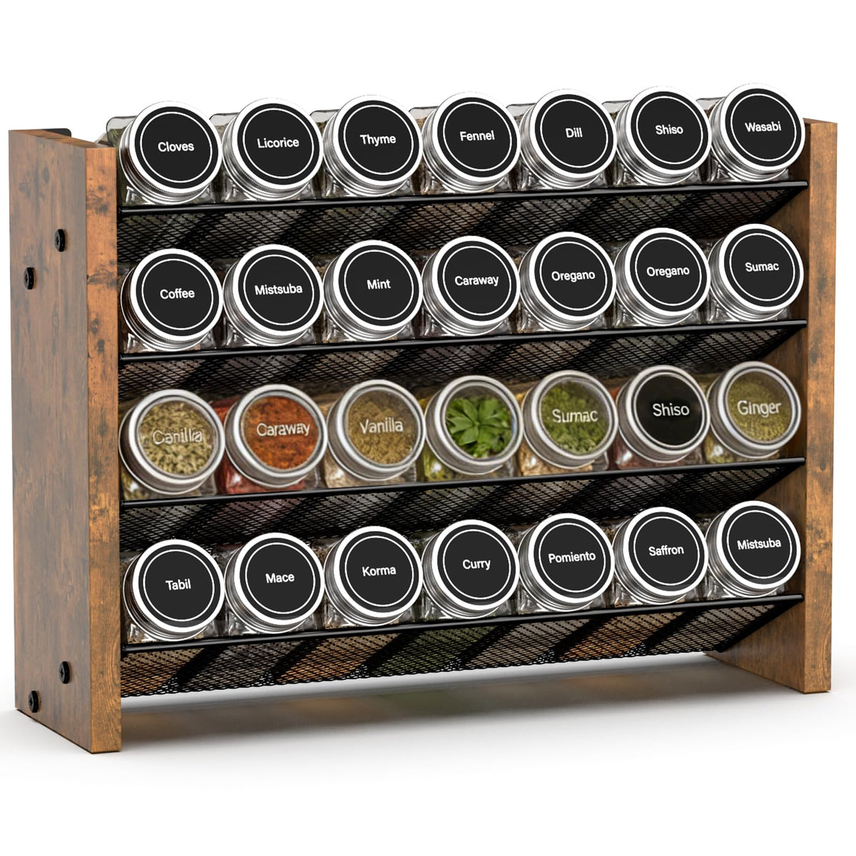 Spice Rack Organizer with 28 Glass Jars, for Cabinet Wall Mount Countertop