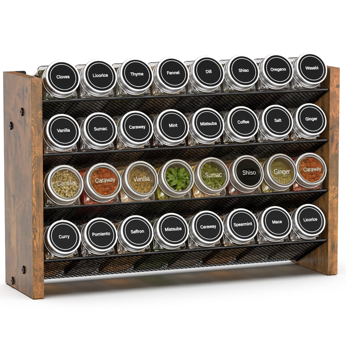 Spice Rack Organizer with 28 Glass Jars, for Cabinet Wall Mount Countertop