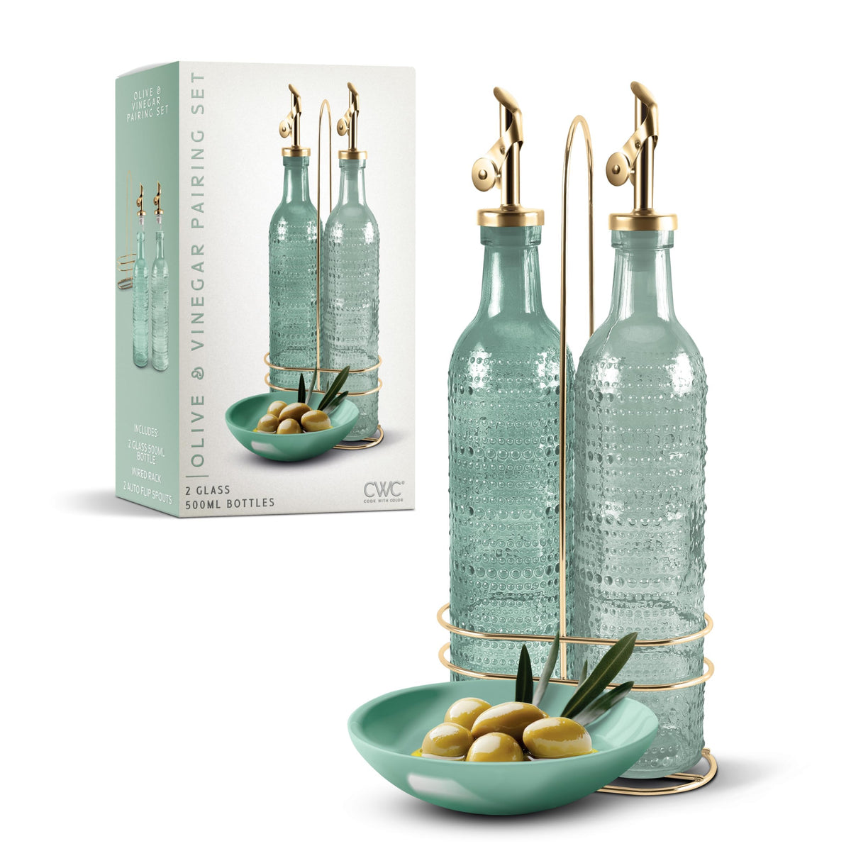 COOK WITH COLOR Glass Olive Oil Bottle Dispenser - 2 Pack- 17oz Oil and Vinegar Cruet - Olive Oil Carafe Decanter for Kitchen, Fluted, Brown