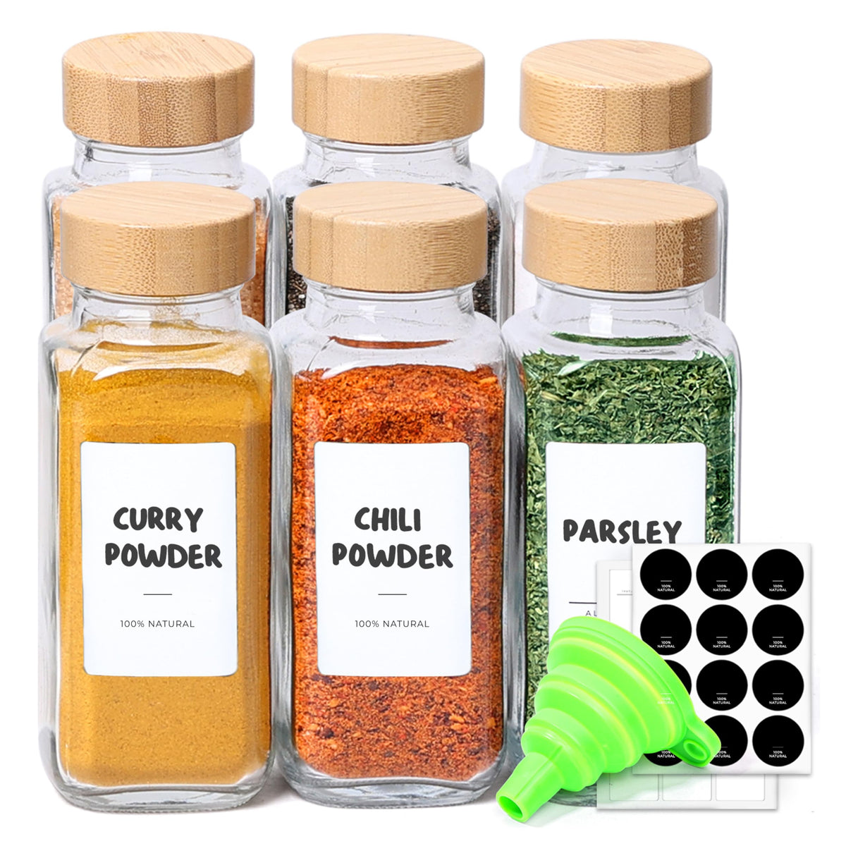ComSaf Glass Spice Jars with Labels 4 oz 6 Pack Small Bamboo Lids