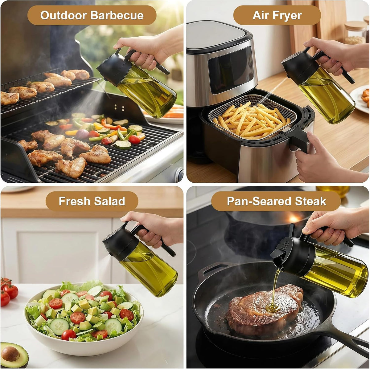 Poshetion 2 in 1 Olive Oil Sprayer for Cooking, 16oz Light-Proof Oil Dispenser for Kitchen, Leak-Proof Oil Spray Bottle for Air Fryer, Salad, BBQ, Baking, Grilling - Black & Black