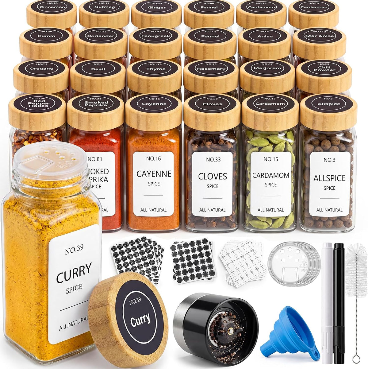 24 Pack Glass Spice Jars : 492 Lables & Pepper Grinder & Bamboo Lids
