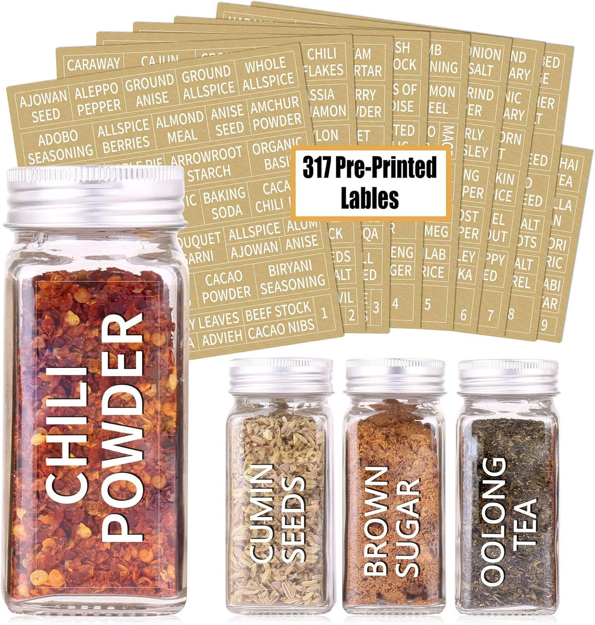 SWOMMOLY 48 Pcs 4 oz Glass Spice Jars with Shaker Lids and 703 Spice Labels