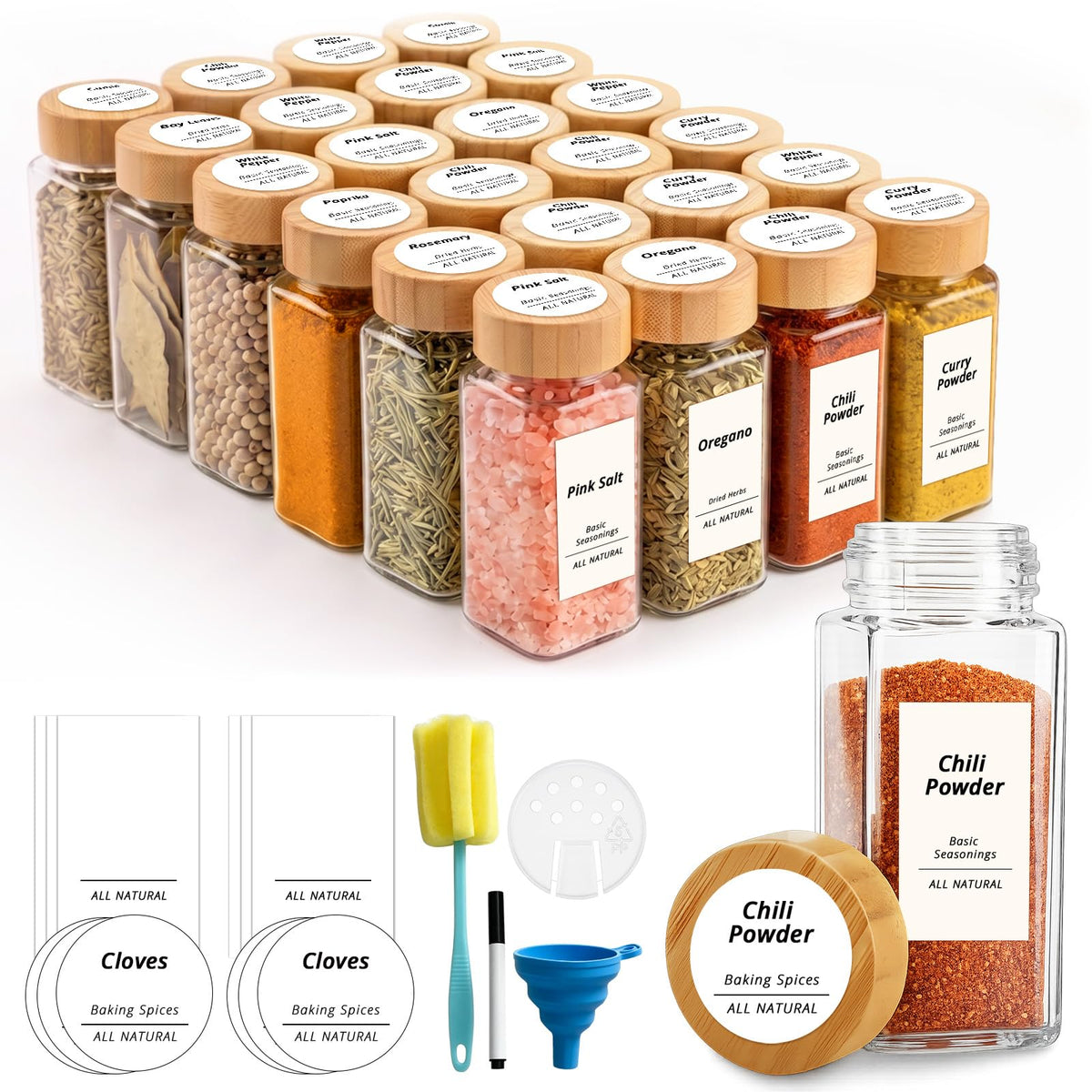 SHOWIN Spice Jars with Label, 4oz Spice Containers with Bamboo Lids 12pcs, Glass Spice Jars with Lids, Square Seasoning Containers for Rack, Cabinet, Drawer, Home Kitchen Seasoning Organizer