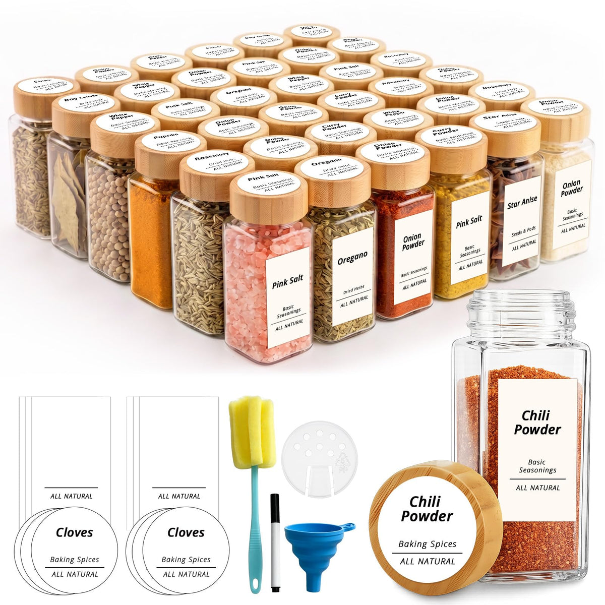 SHOWIN Spice Jars with Label, 4oz Spice Containers with Bamboo Lids 12pcs, Glass Spice Jars with Lids, Square Seasoning Containers for Rack, Cabinet, Drawer, Home Kitchen Seasoning Organizer
