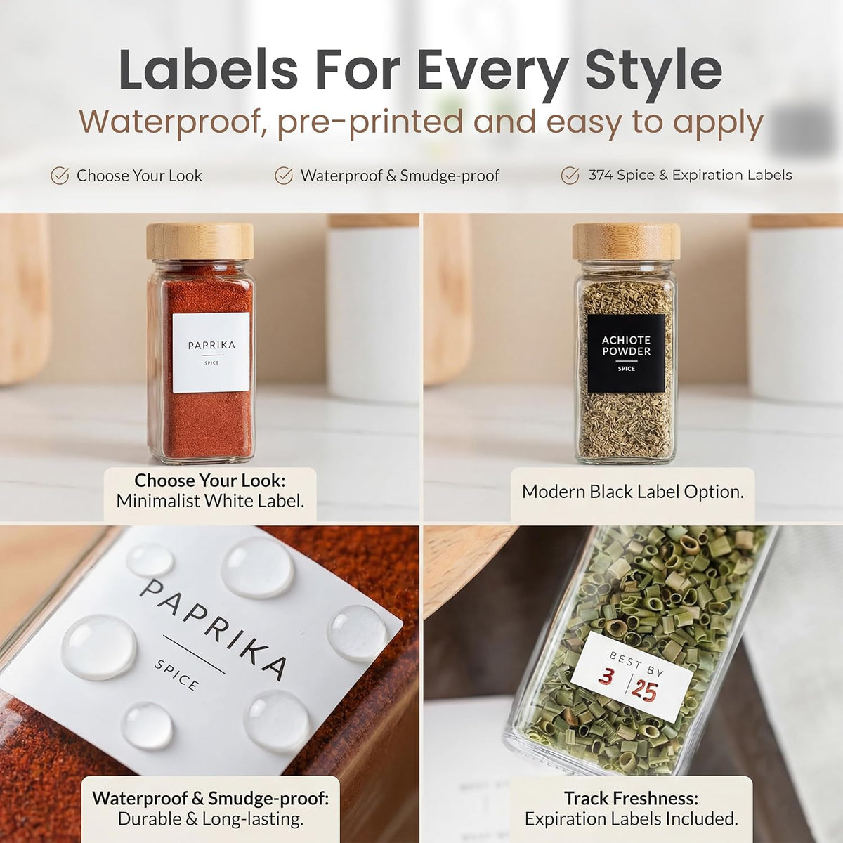 SAVVY & SORTED Glass Spice Jars with Label, 24PK Bamboo Jar Spices Set 4oz, 374 Spice Labels, Pepper Grinder, Empty Herb Seasoning Containers, Funnel and Shaker Lids
