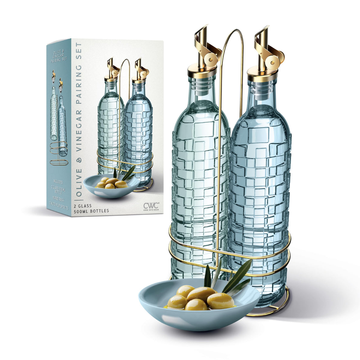 COOK WITH COLOR Glass Olive Oil Bottle Dispenser - 2 Pack- 17oz Oil and Vinegar Cruet - Olive Oil Carafe Decanter for Kitchen, Fluted, Brown