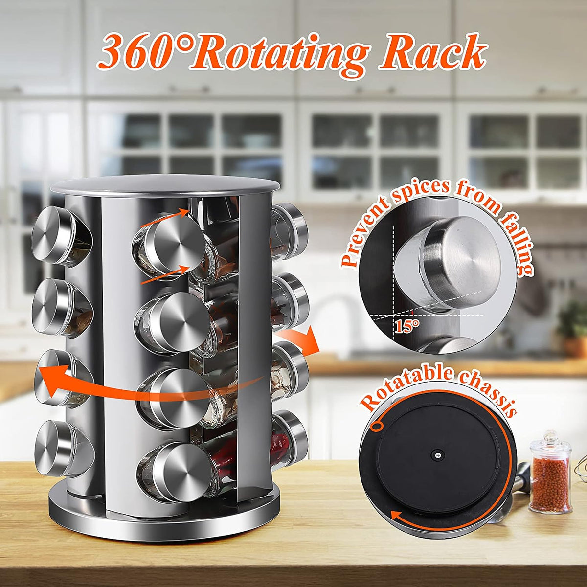 DOUBLE 2 C Revolving Countertop Spice Rack Stainless Steel Seasoning Storage Organization,Spice Carousel Tower for Kitchen Set of 16 Jars (16Jars)