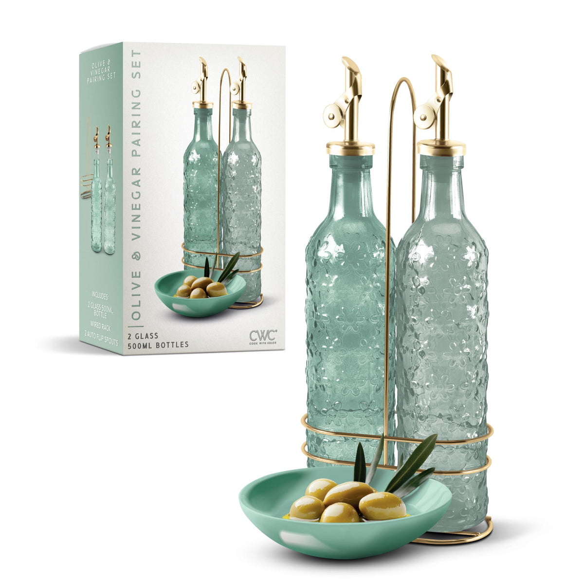 COOK WITH COLOR Glass Olive Oil Bottle Dispenser - 2 Pack- 17oz Oil and Vinegar Cruet - Olive Oil Carafe Decanter for Kitchen, Fluted, Brown