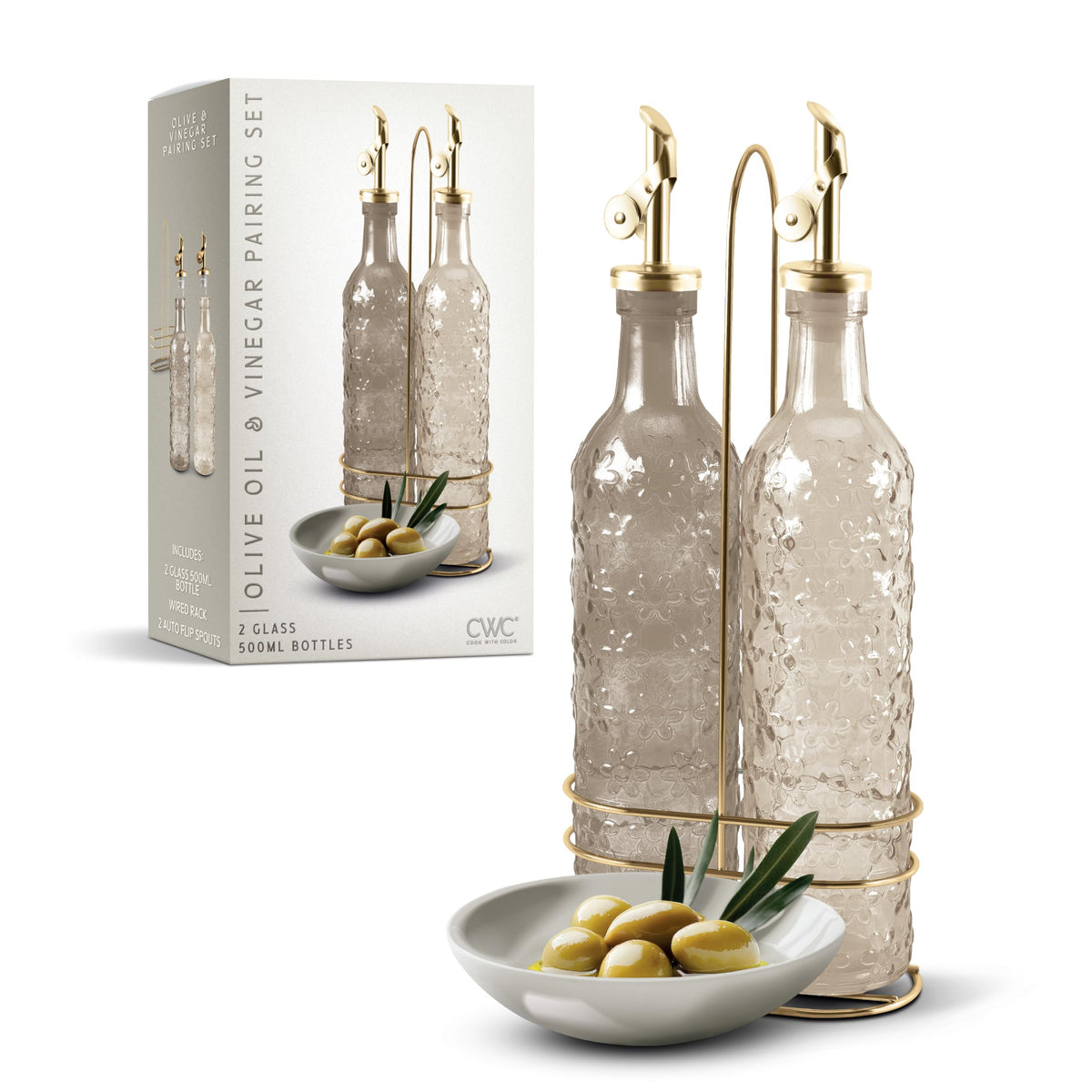 COOK WITH COLOR Glass Olive Oil Bottle Dispenser - 2 Pack- 17oz Oil and Vinegar Cruet - Olive Oil Carafe Decanter for Kitchen, Fluted, Brown