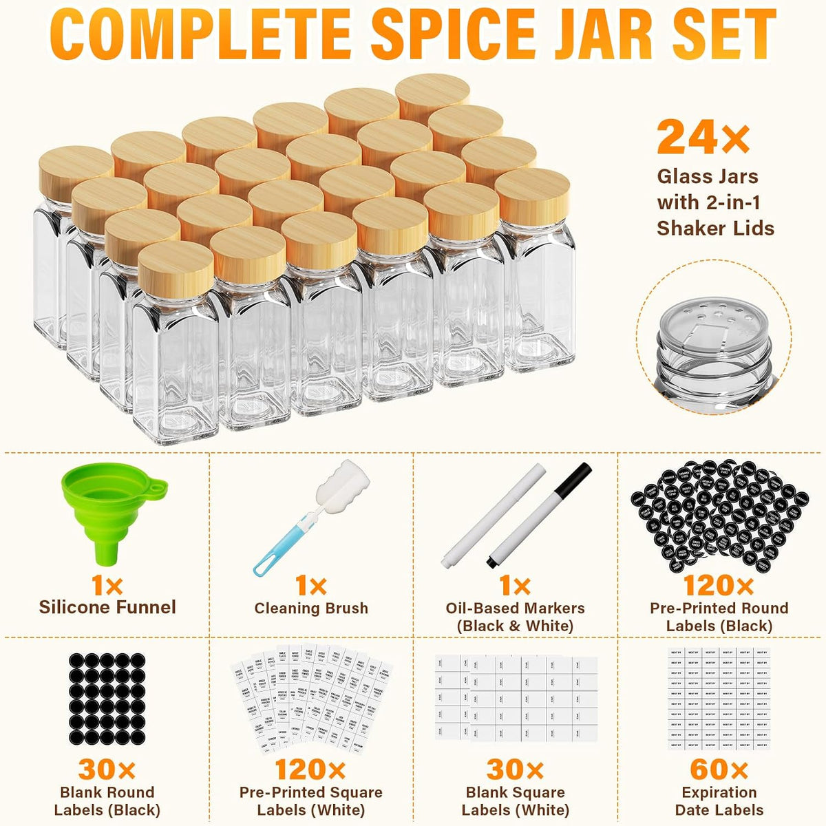 24 Pack 4 oz Square Glass Spice Jars with Labels, Airtight Bamboo Lids