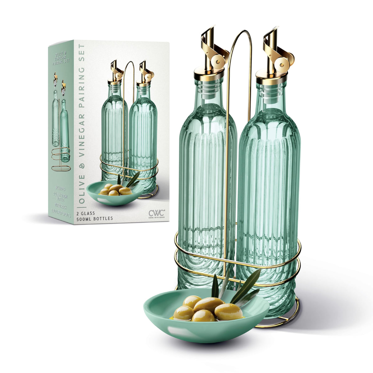 COOK WITH COLOR Glass Olive Oil Bottle Dispenser - 2 Pack- 17oz Oil and Vinegar Cruet - Olive Oil Carafe Decanter for Kitchen, Fluted, Brown