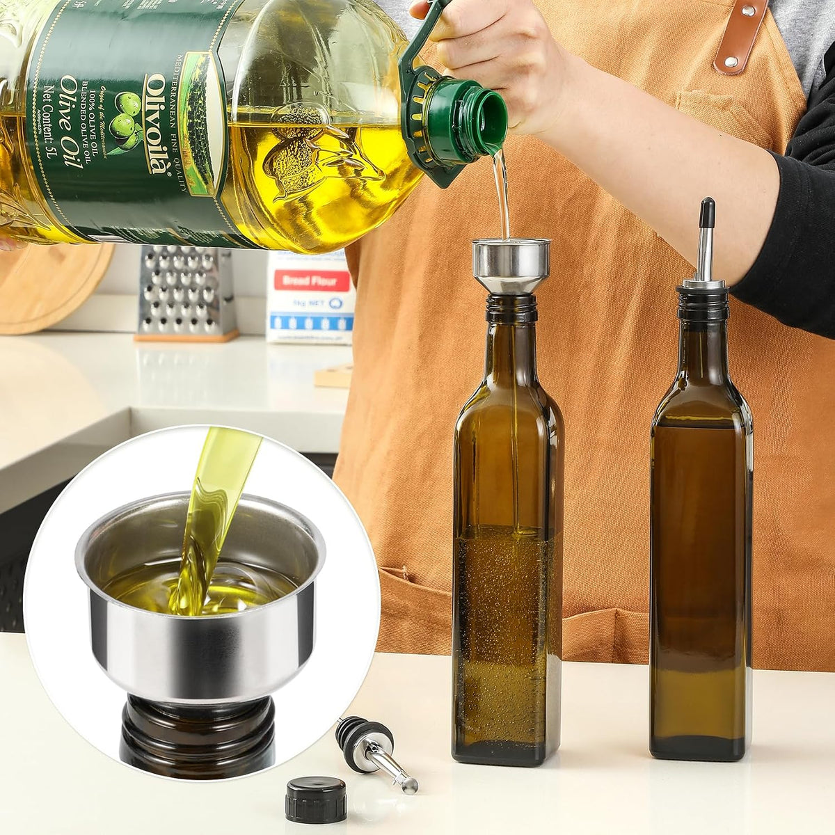 AOZITA 17oz Glass Olive Oil Dispenser - Oil and Vinegar Cruet Bottle with Stainless Steel Pourers - Funnel For Easy Refill - Olive Carafe Decanter for Kitchen