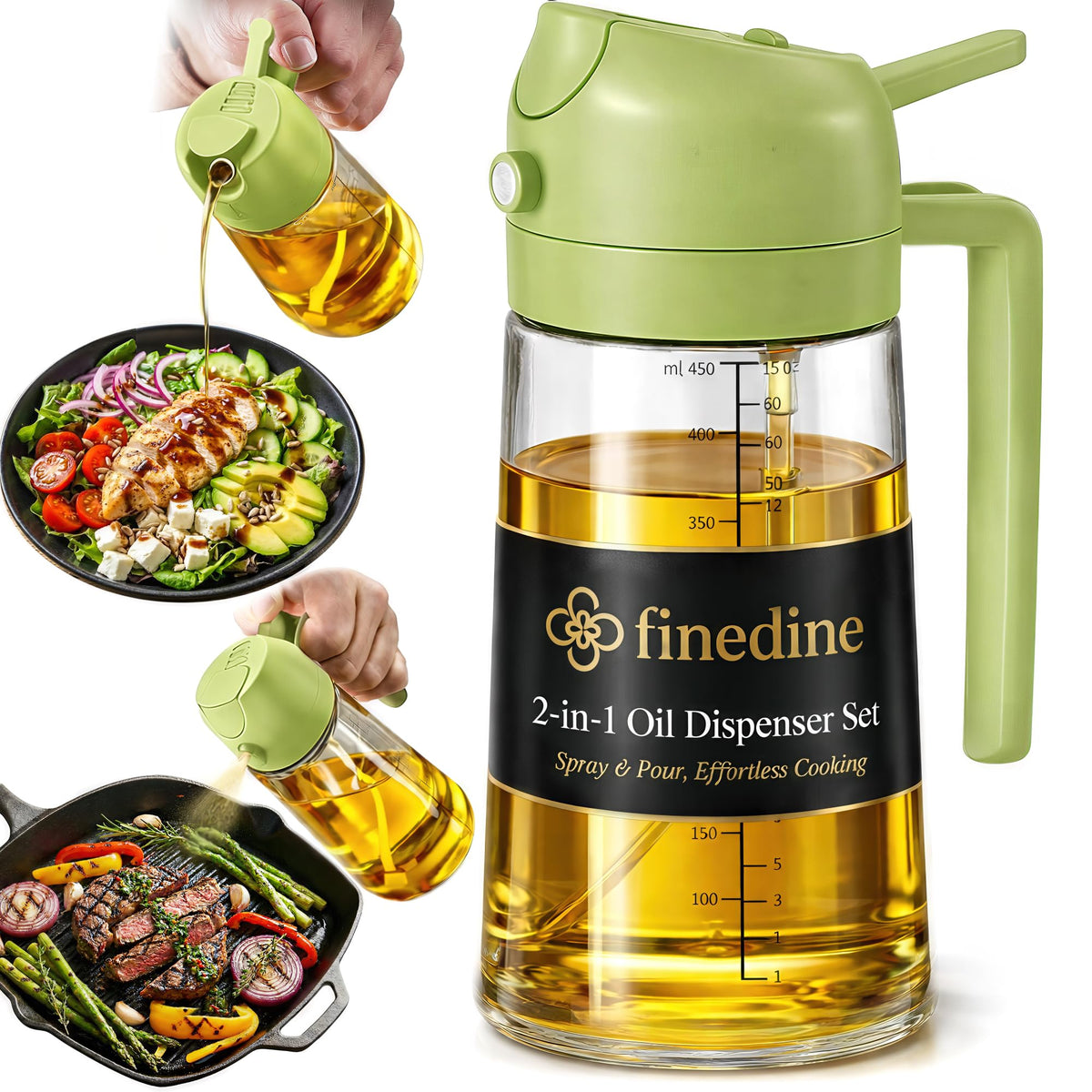 FineDine 16 oz Glass Olive Oil Sprayer for Cooking, Oil Dispenser, Black