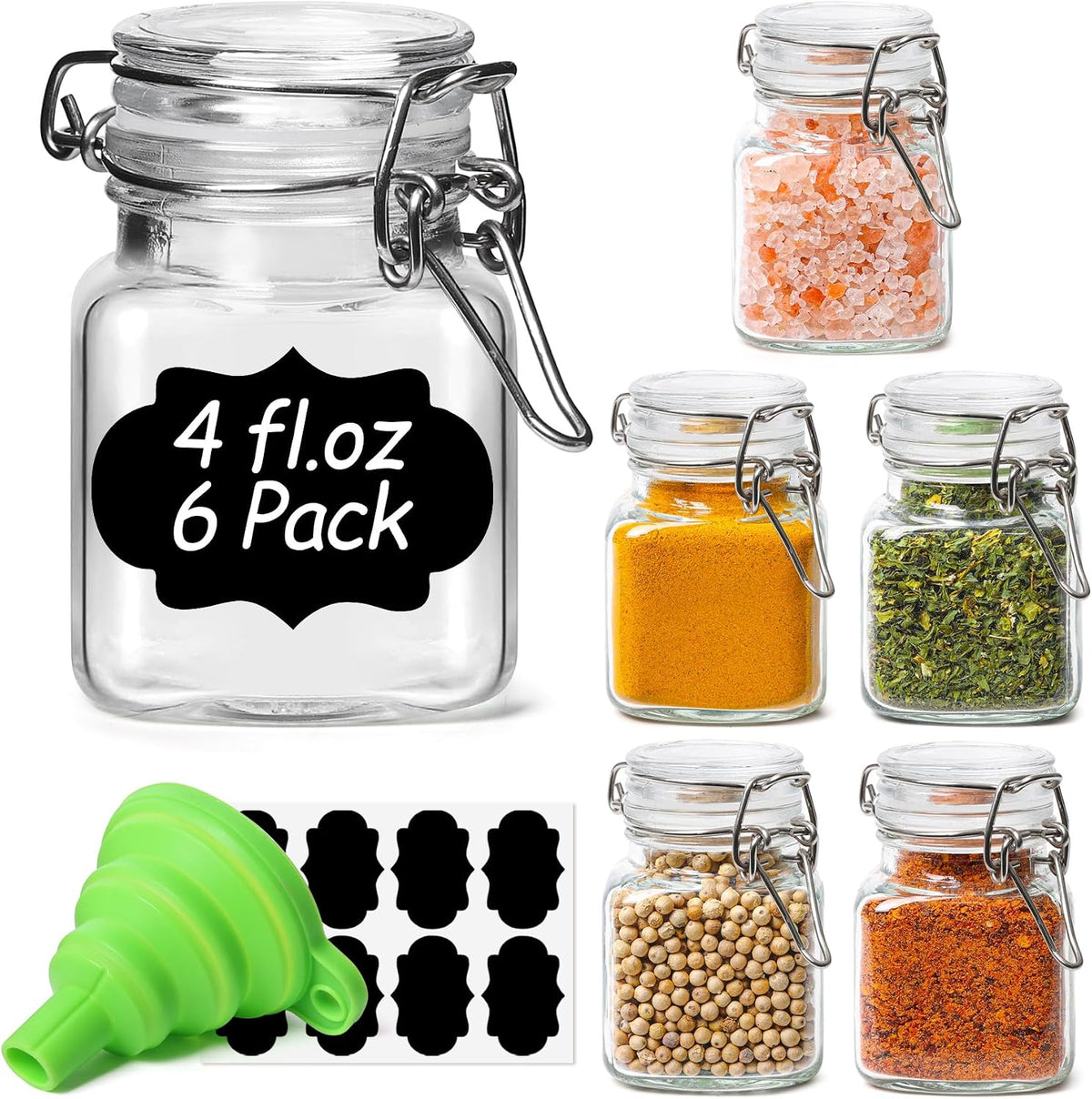 ComSaf Square Small Glass Spice Jars with Airtight Lids 4 oz 6 Pack Pantry