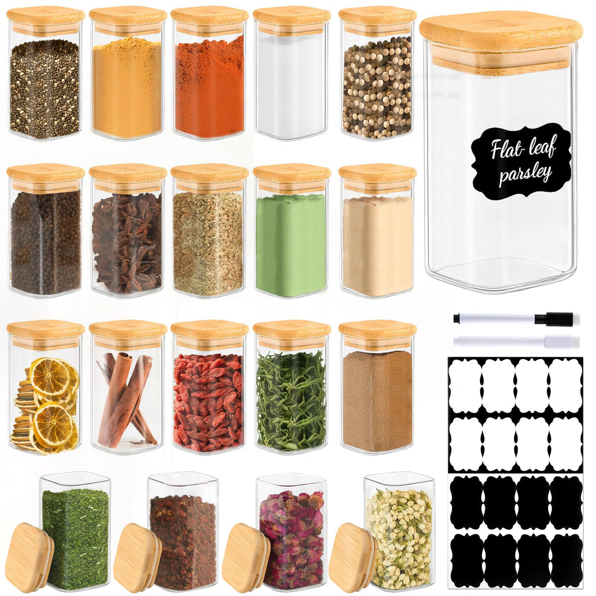 TBWIND 12 Pack 8 oz Square Glass Spice Jars with Lids and Labels – Airtight Small Spice Containers Set, Clear Glass Storage Jars for Seasoning, Spices, Kitchen Pantry Organization