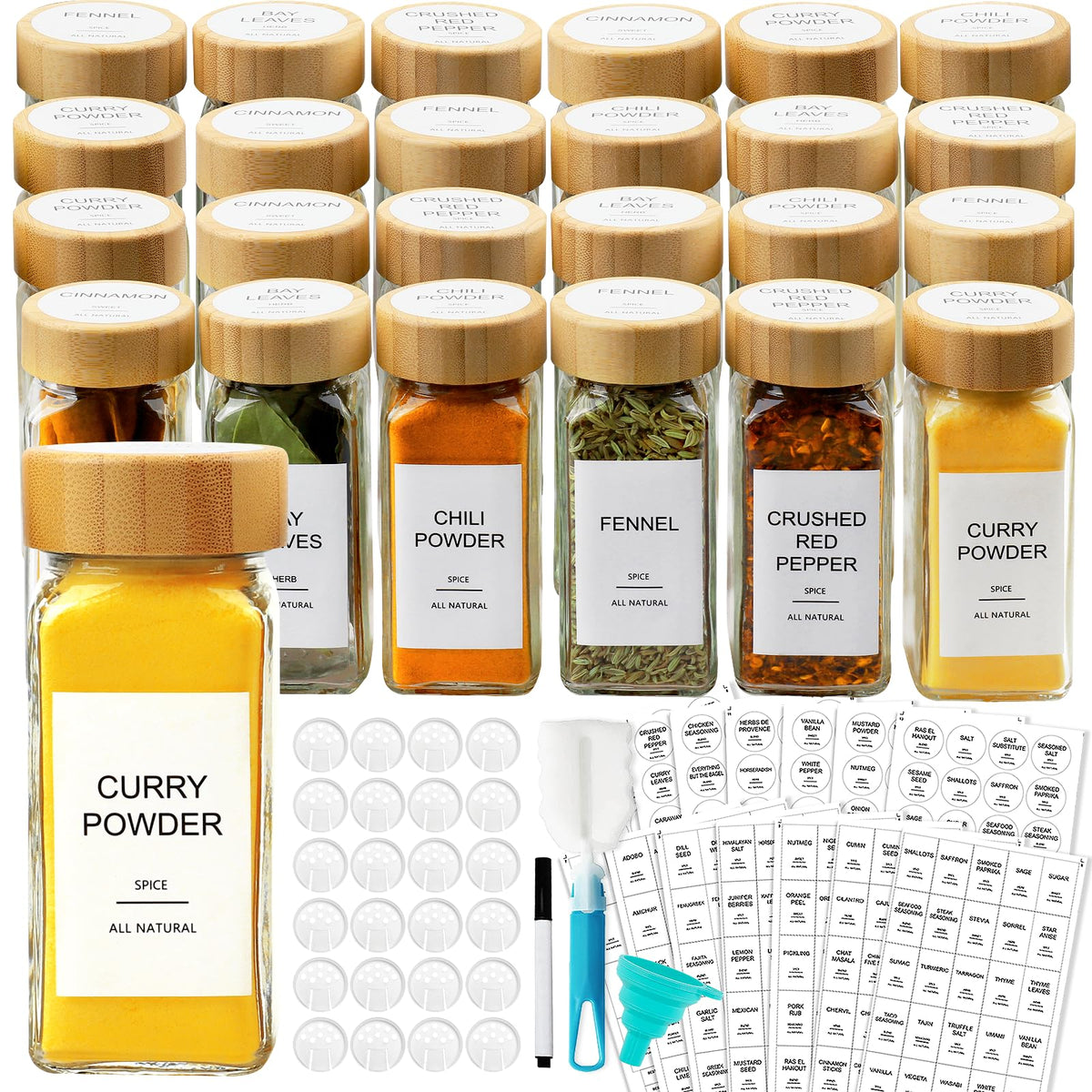 AISIPRIN Glass Spice Jars with 398 Labels-4oz 24 Pcs,Round Seasoning Jars with Bamboo Airtight Lids,Spice Container Set -Shaker Lids, Funnel,Brush and Marker Included