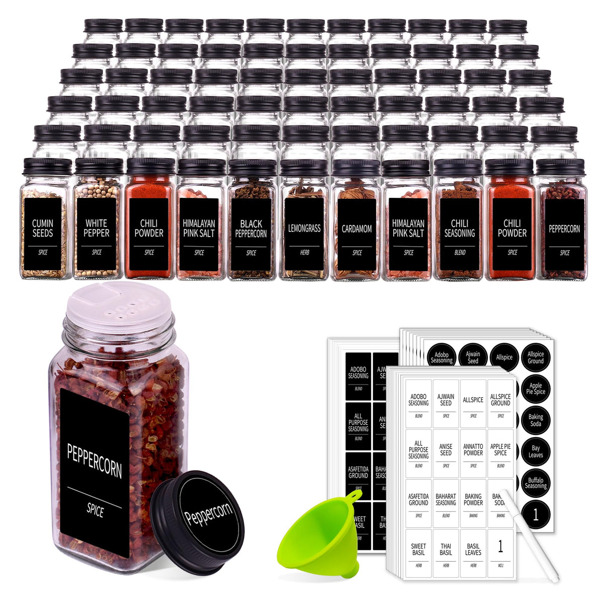 Churboro 48 Pack Glass Spice Jars with Labels, 4oz Spice Containers
