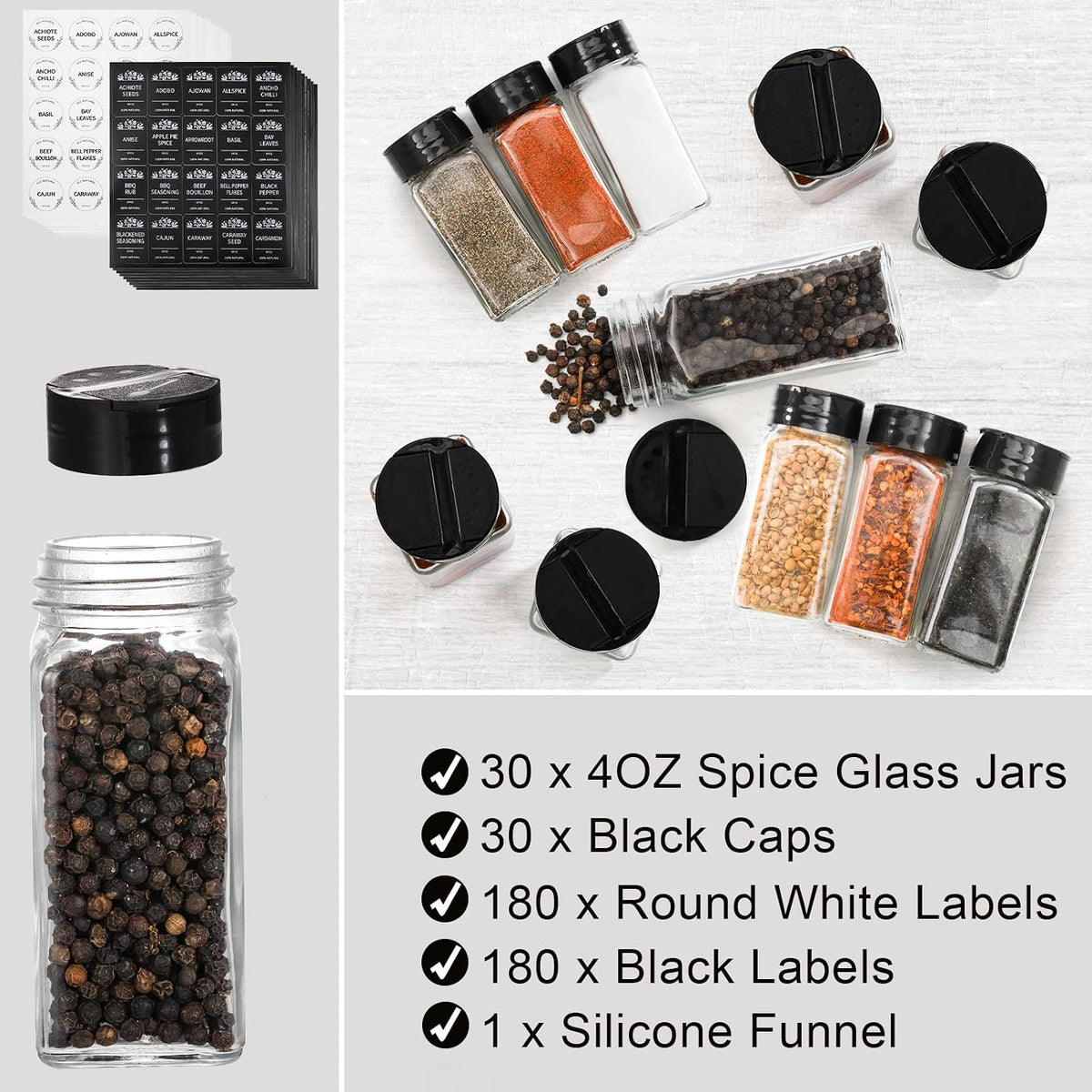 Tebery 30 Pack Glass Spice Jars Square Glass Bottles with Black Caps, 4oz Empty Spice Containers Shakers Complete Organizer Set Includes Wide Funnel and Labels