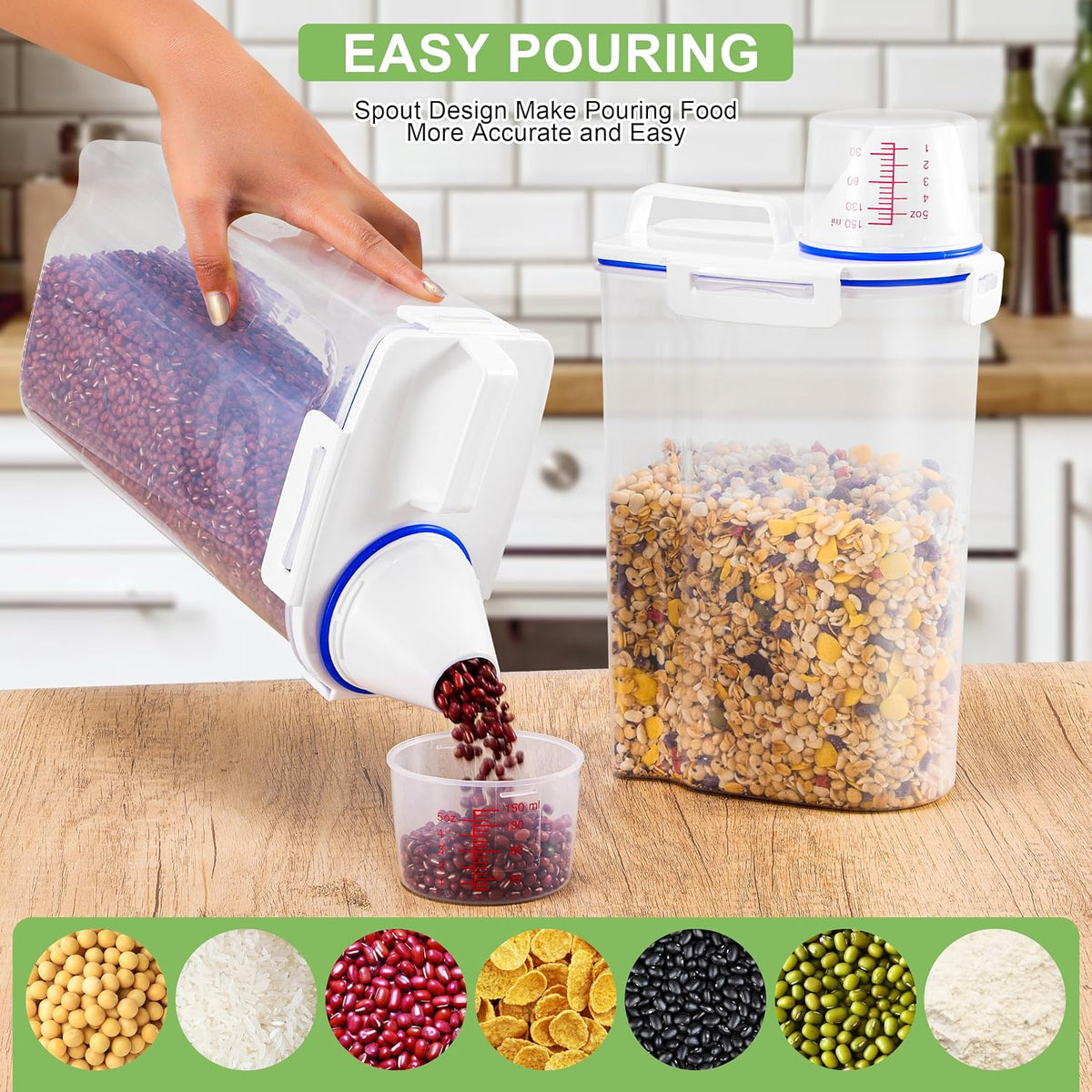 2 Pcs 5.5Lbs Rice Storage Container, Rice Container with Measuring Cup & Pour Spout, Kitchen Plastic Airtight Container for Cereal, Grain, Flour, Sugar, Oatmeal, Dry Pet Dog Food