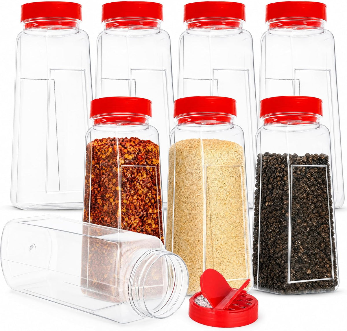 Yopay 8 Pack Large Spice Jar, 32oz Seasoning Shaker, Plastic Spice Container Bottle with Red Dual Shake Lid for Storing Herbs, Powders, General Use Storage Containers