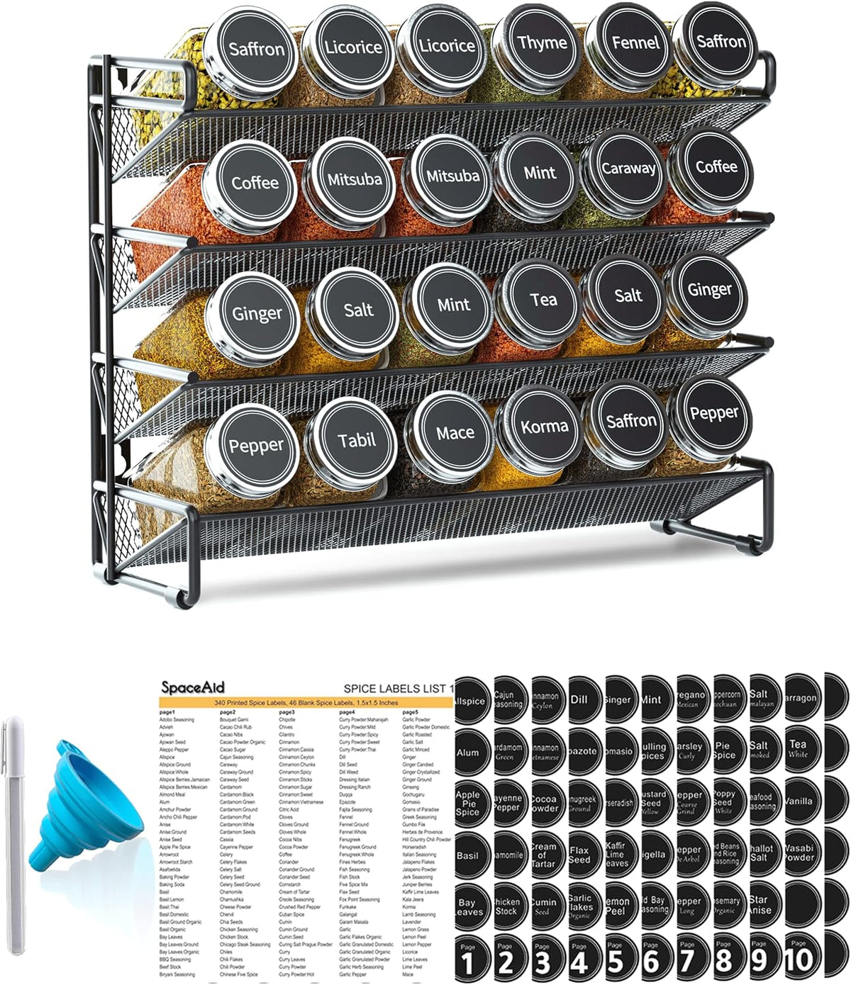 SpaceAid Spice Rack Organizer with 28 Spice Jars, 386 Spice Labels, Chalk Marker and Funnel Set for Cabinet, Countertop, Pantry, Cupboard or Door & Wall Mount - 28 Jars, 13.4" W × 10.8" H, Black