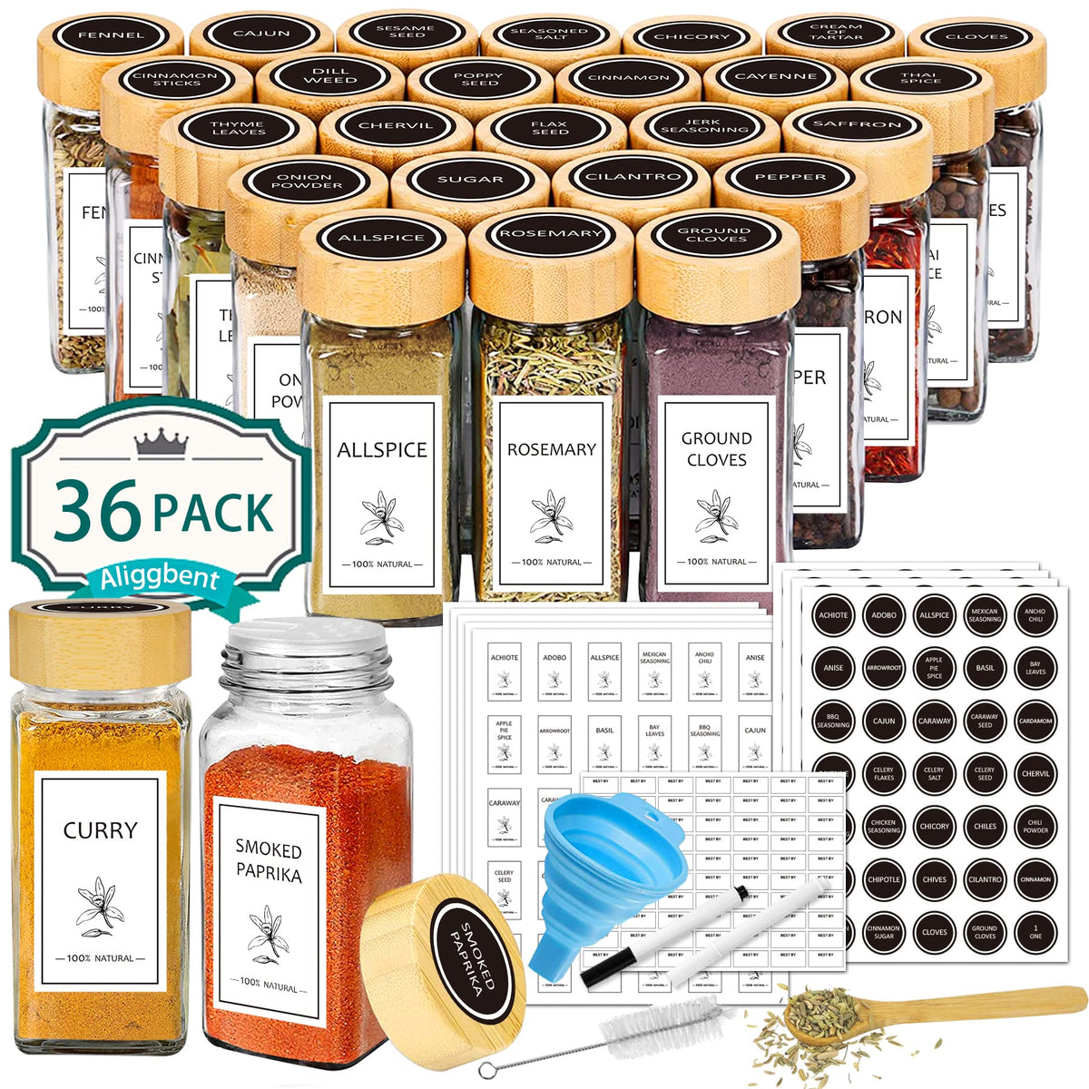 Aliggbent Spice Jars with Lable, 48 Pcs 4 oz Glass Spice Jars with Bamboo Lids, Spice Containers Bottles, Glass Seasoning Jars with Shaker Lids, Collapsible Funnel, for Spice Racks, Pantry,Cupboard