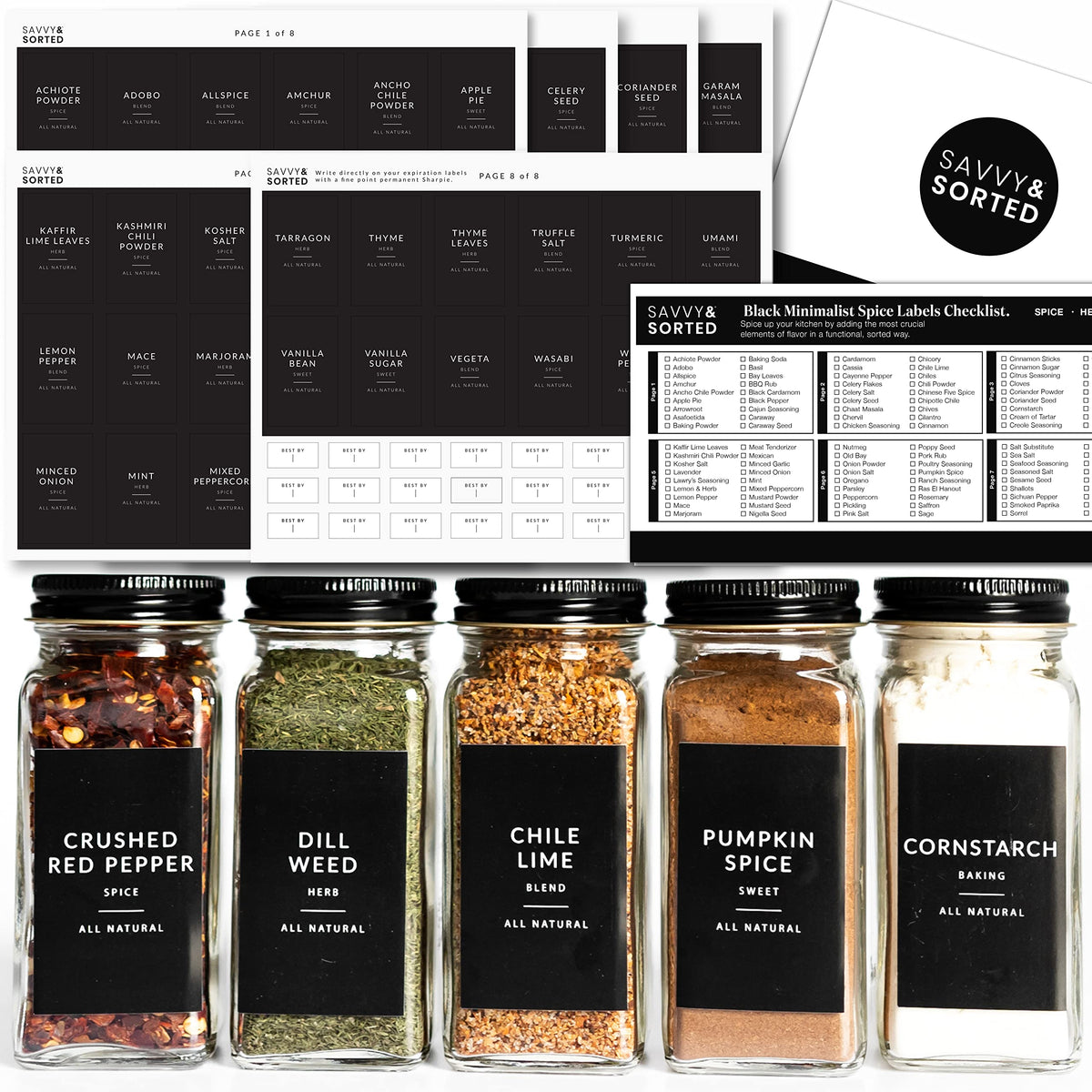 Spice Labels for Glass Jars, 202 Round Preprinted Waterproof Kitchen Spice Labels Stickers, Seasoning Organization Black Pantry Herbs Label for Top Lid, Chalkboard Labels for Spice Jars