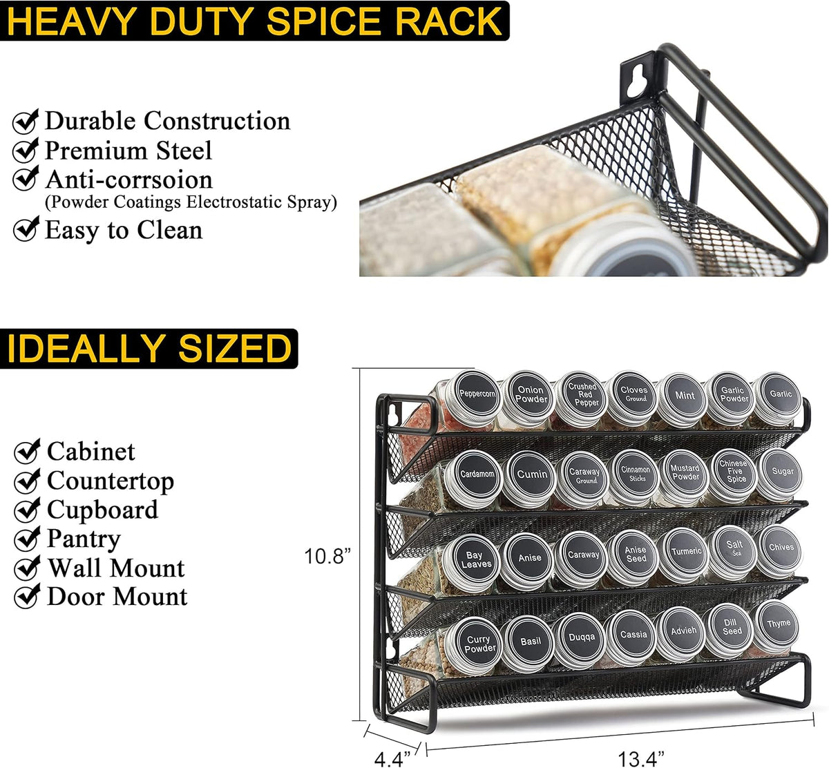 SpaceAid Spice Rack Organizer with 28 Spice Jars, 386 Spice Labels, Chalk Marker and Funnel Set for Cabinet, Countertop, Pantry, Cupboard or Door & Wall Mount - 28 Jars, 13.4" W × 10.8" H, Black